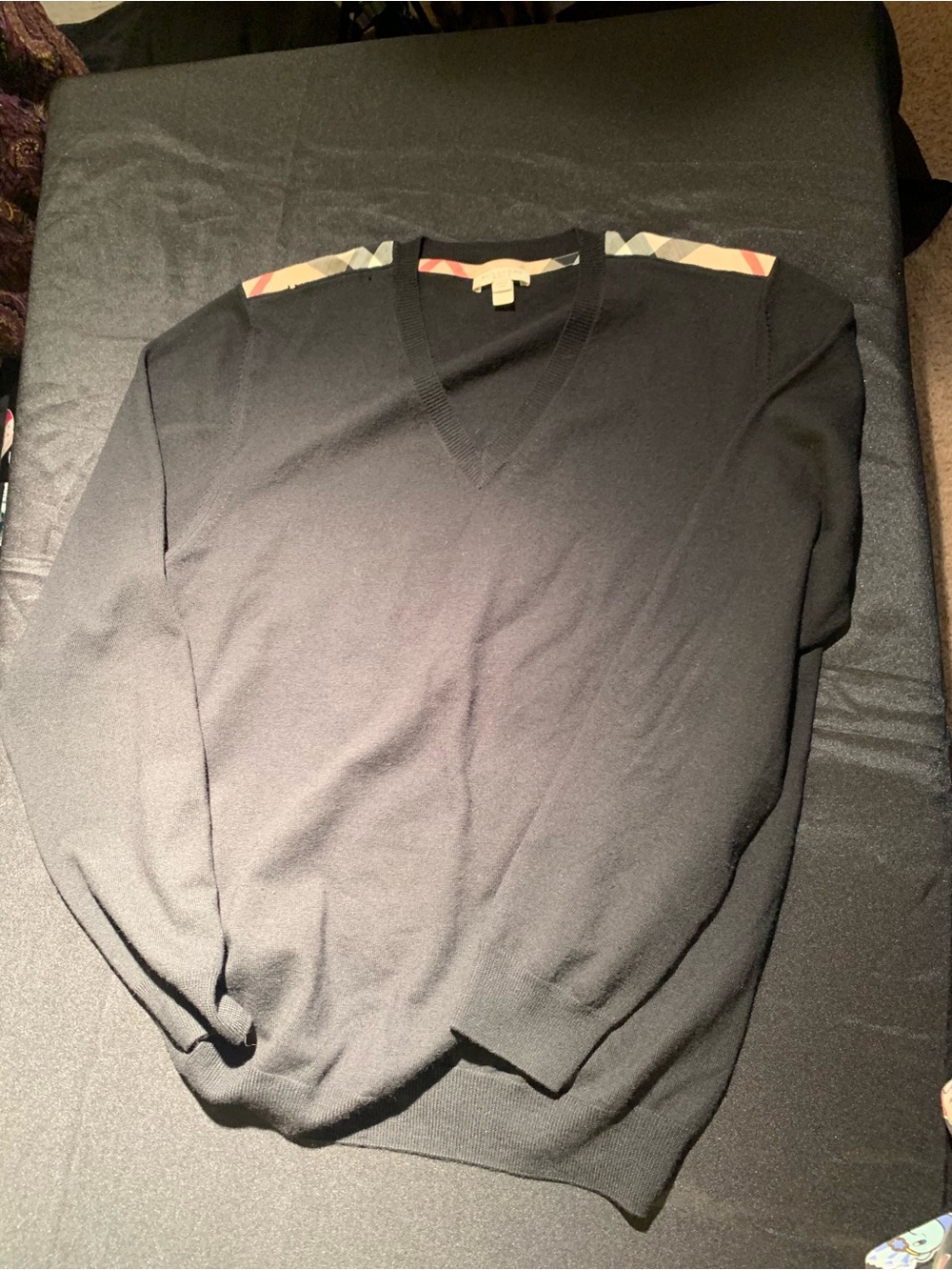 Burberry Black V-Neck Sweater with Signature Plaid nova check Shoulder Panels